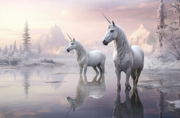 Obraz na płótnie Canvas Two white unicorns in forest lake while its raining ai generated