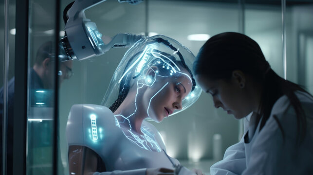 With precision equivalent to a surgeon, the techsupport cyborg delicately implants a microchip into a clients brain, helping them interface with advanced virtual reality systems.