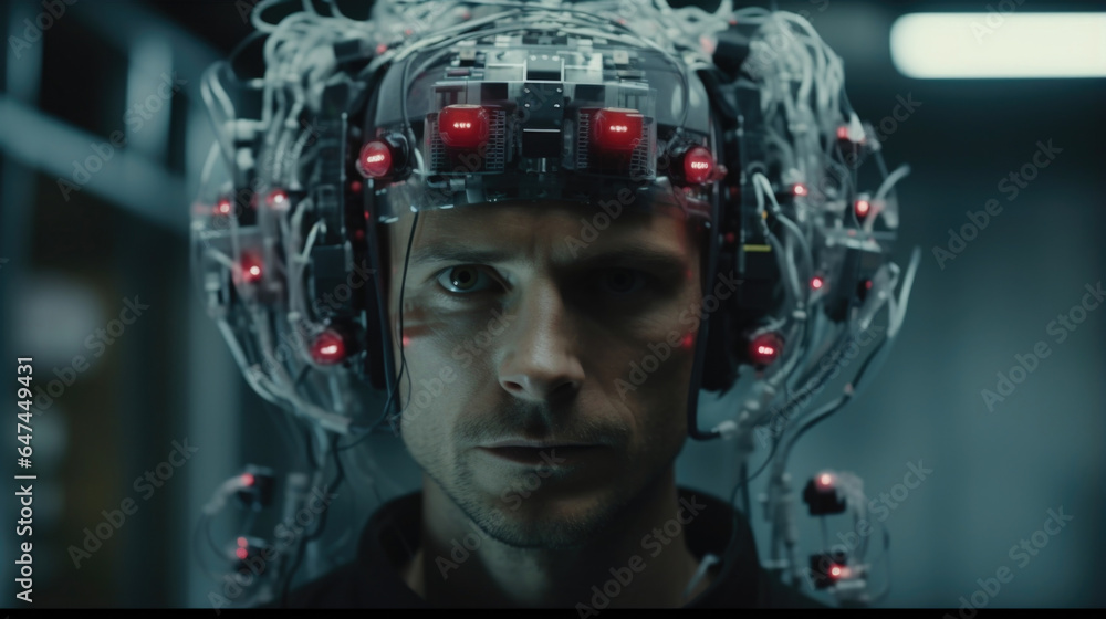 Poster in a shadowy underground clinic, a body hacker receives a tingedge neural implant, allowing them to 