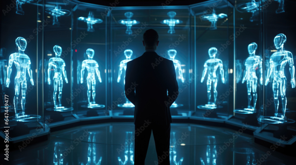 Poster wearing a sleek, formfitting suit, a posthumanist undergoes a fullbody scan, their every cell being 