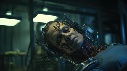 In the depths of a backalley cybernetics clinic, a hive dweller lies on an operating table, their body getting augmented with concealed weapons and enhanced sensory implants, ready to