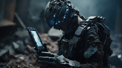 A haggard scavenger with cybernetic limbs, using a handheld scanner to locate hidden caches of valuable tech buried beneath the rubble.