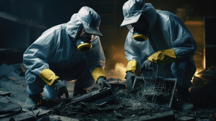 A pair of scavengers, wearing protective gloves, meticulously disassembling an old, broken console to extract and resell its valuable processing chips.