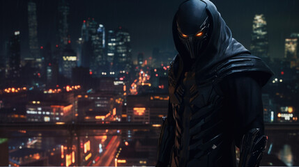 Fototapeta premium Clad in sleek black armor, a street samurai stands atop a building, scanning the streets below with their cybernetic eye, ready to eliminate any threats that may come their way.