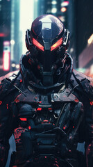 Obraz premium Wearing a sleek helmet that connects directly to their neural implants, a street samurai sits in the pit of a heavily armored combat mech, ready to engage in a highstakes battle.