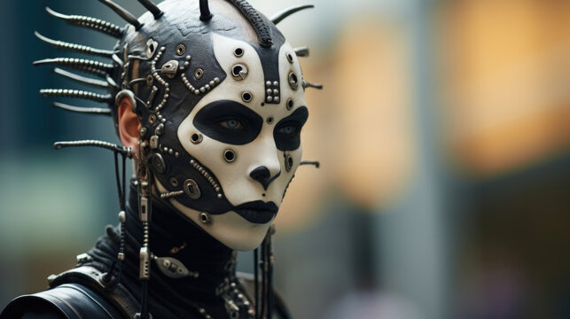 A Cybergoth with a halfface cybernetic mask, showing off their intricate facial piercings and tattoos, dressed in a sleek, formfitting suit that seamlessly merges organic and synthetic