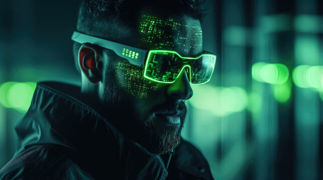 A hacker sporting augmented reality glasses, effortlessly controlling a swam of nanobots to infiltrate and disable a tingedge security system, showcasing the power of their obsession.