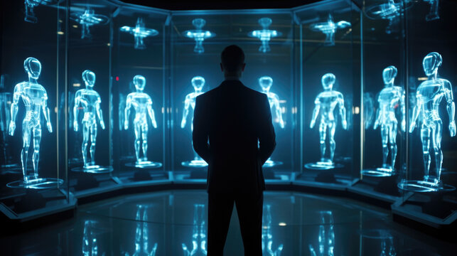 Wearing a sleek, formfitting suit, a posthumanist undergoes a fullbody scan, their every cell being replicated and stored digitally, granting them the ability to regenerate or clone themselves