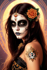 Beautiful girl in Day of the Dead Sugar Skull make-up, and dark clothing, Generative AI