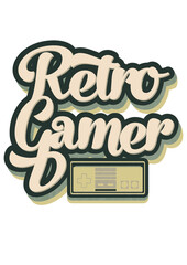 Graphics with the inscription Retro Gamer in vintage style and a small gamepad.