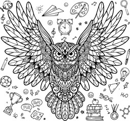 A drawing with small school elements and an owl