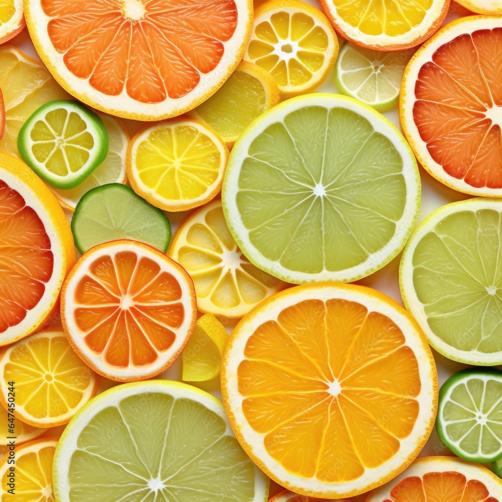 Poster a close up of a bunch of sliced oranges and limes. generative ai.