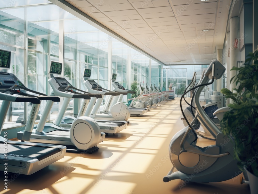 Poster a row of tread machines in a gym. generative ai.