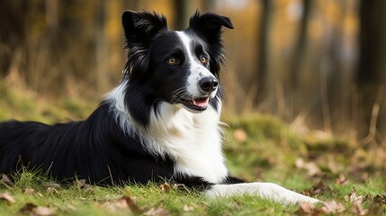 playful border collie in the woods, lawn, grass field