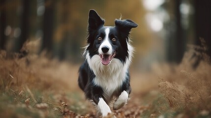 playful border collie in the woods, lawn, grass field