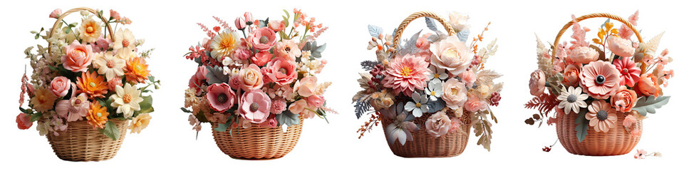 Obraz na płótnie Canvas Png Set Floral decorated basket isolated in transparent background