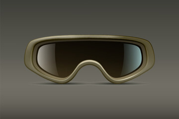 Vector 3d Realistic Military, Industrial Green Safety Glasses Icon Closeup Isolated on Green Background. Transparent Glasses, Safety Glasses - Sports, Military, Uniform. Front View