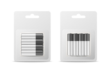 Vector 3d Realistic Four Alkaline Battery in Paper Bliste Icon Set Closeup Isolated. AA Size, Horizontal and Vertical Position. Design Template for Branding, Mockup