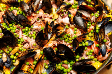 Delicious Spanish Paella Highlighting Mussels and Shrimps.