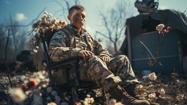 A soldier resting in a chair in a peaceful field