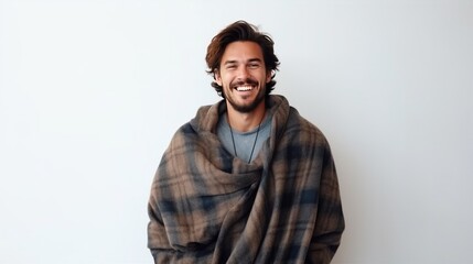Obraz premium A man wearing a cozy flannel blanket against a light white background.