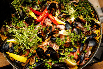 Delicious Spanish Paella Highlighting Mussels and Shrimps.
