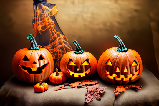 Halloween type background with 3 pumpkins and a dark and spooky scene