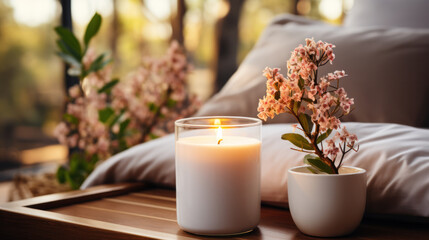 Closeup Burning Candle in a Glass Jar with Romantic Cozy Decoration Background. Generative AI