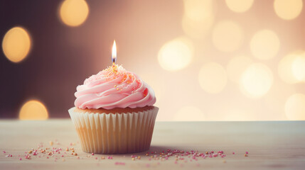 Delicious Cupcake with Candle Light Up on Bokeh Background, Celebration, Birthday Party, Festive Dessert. Generative AI