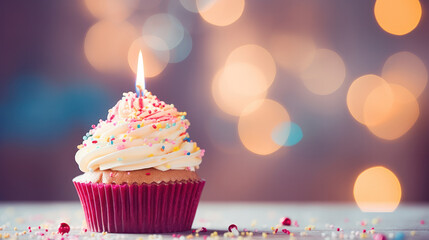 Delicious Cupcake with Candle Light Up on Bokeh Background, Celebration, Birthday Party, Festive Dessert. Generative AI