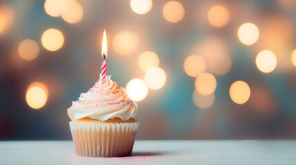 Delicious Cupcake with Candle Light Up on Bokeh Background, Celebration, Birthday Party, Festive Dessert. Generative AI