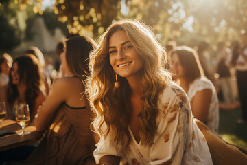 Woman posing at an outdoor lounge area at sunset. Good vibrations, golden hour