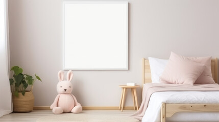 Empty Frame Mockup, Blank Canvas Poster Template in Children Room, Kid Bedroom, Nursery Interior. Generative AI