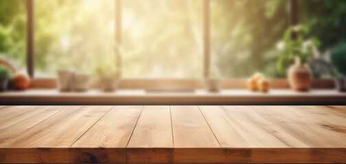 Empty Wooden Table Surface with Blurred Kitchen Background, Blank Wood Desk Mockup. Generative AI