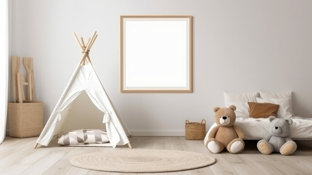 Empty Frame Mockup, Blank Canvas Poster Template in Children Room, Kid Bedroom, Nursery Interior. Generative AI