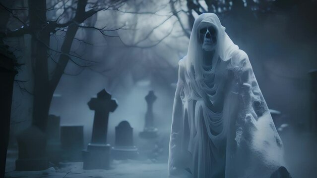 A ghostly apparition drifts through a graveyard its cold breath chilling the air..