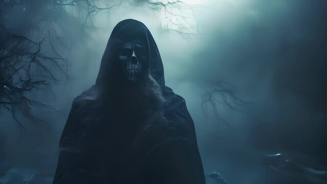 A skeletal figure shrouded in a black cloak dd in cobwebs surrounded by ominous fog..