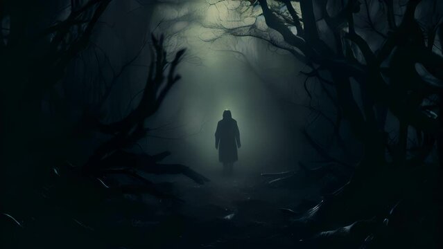 An eerie misty forest with a silhouetted figure with hollowedout eyes staring out of the darkness..