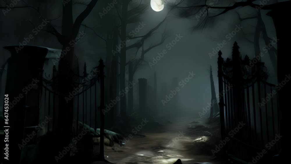 Poster towering trees cast long eerie shadows in the moonlight as a crumbling gate hangs open invitingly..