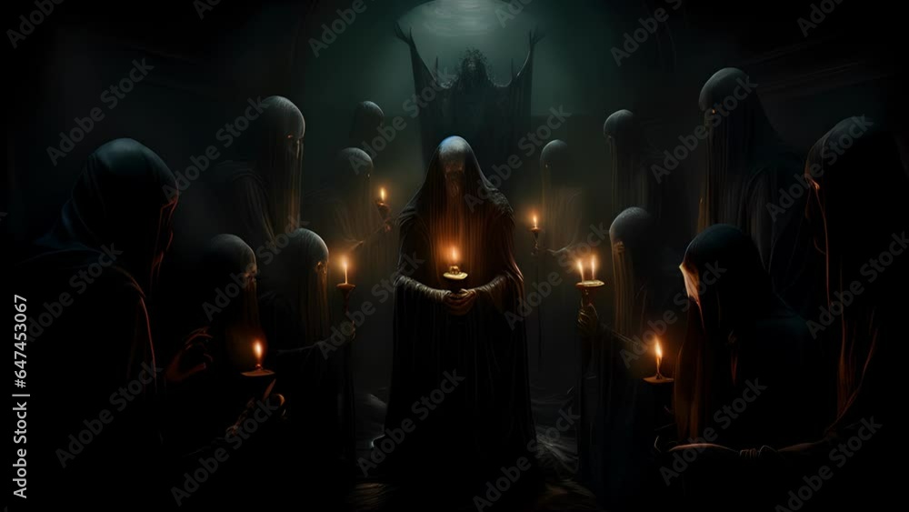 Poster a group of robed figures in a dark room illuminated by nothing but a single candle chanting in an an