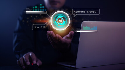 AI Tech businessman showing virtual graph and big data On the internet, the world is connected to AI, artificial intelligence. Using commands to create data future technology changes