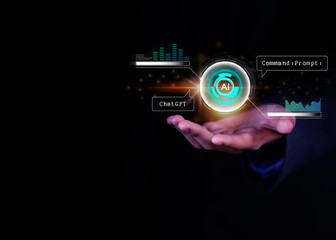 AI Tech businessman showing virtual graph and big data On the internet, the world is connected to AI, artificial intelligence. Using commands to create data future technology changes