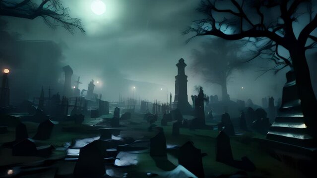An ancient graveyard was blanketed in fog with the hushed chanting of a specter chanting echoing through the night..