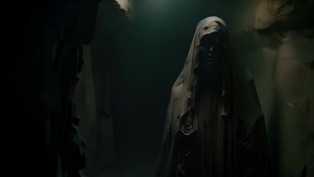In a dark and musty crypt an otherworldly figure dd in a tattered and ancient shroud stares menacingly into the void..