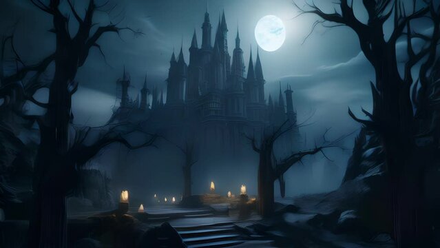 A pathway of wilted and dying trees leads to an unlit castle its tall towers stretching ominously into the night air..
