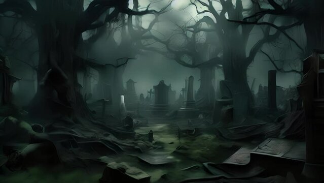 A dark eerie forest lurks in the background of an abandoned graveyard its gnarled trees twisted by the wind..