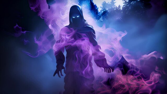 A spectral ghoul hovers in midair surrounded by a swirl of purple smoke..