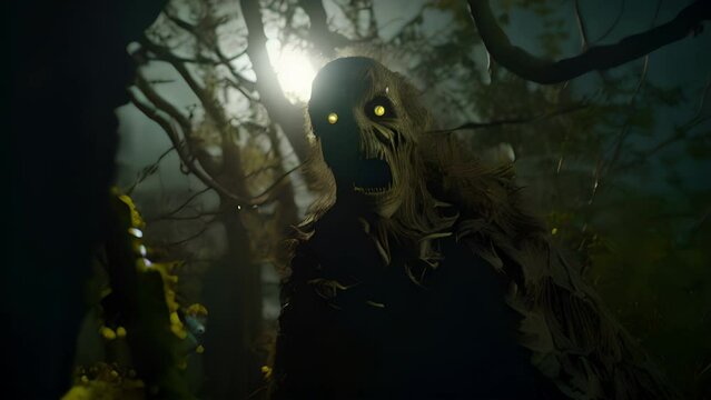 A towering greenskinned ghoul lurks in a grove of derelict trees its yellow eyes shining in the moonlight..
