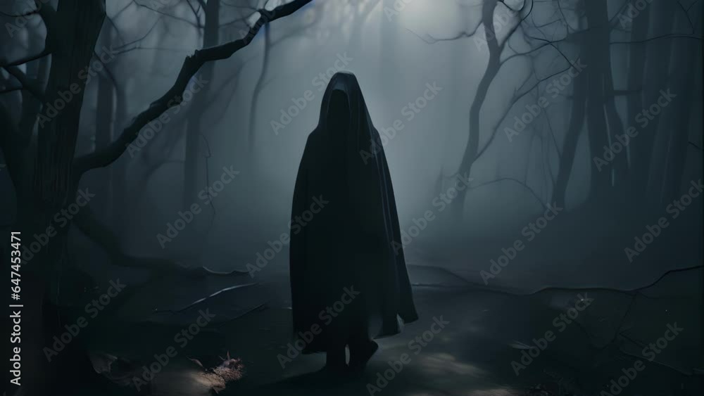Aufkleber a spectral figure shrouded in a dark cloak and obscured by fog silently walking through an old fores