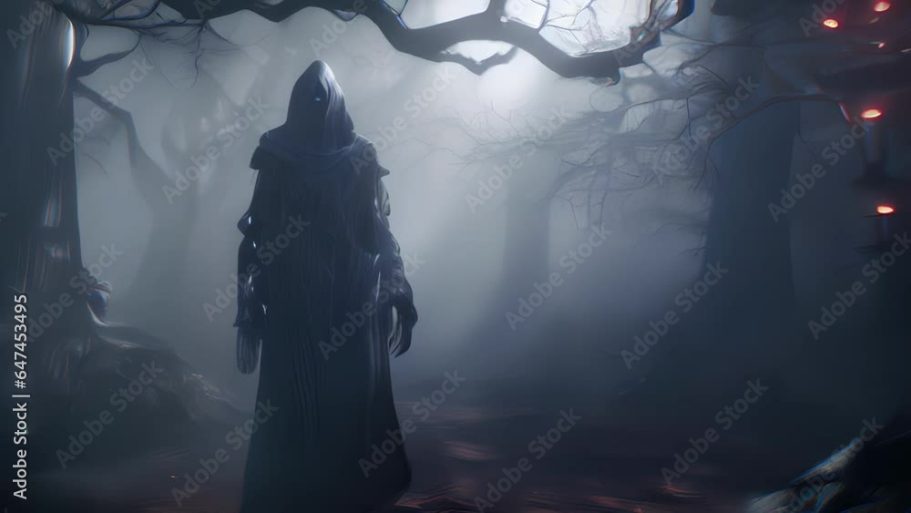 Poster a mysterious figure shrouded in a ghostly fog stands amidst a group of ancient trees..